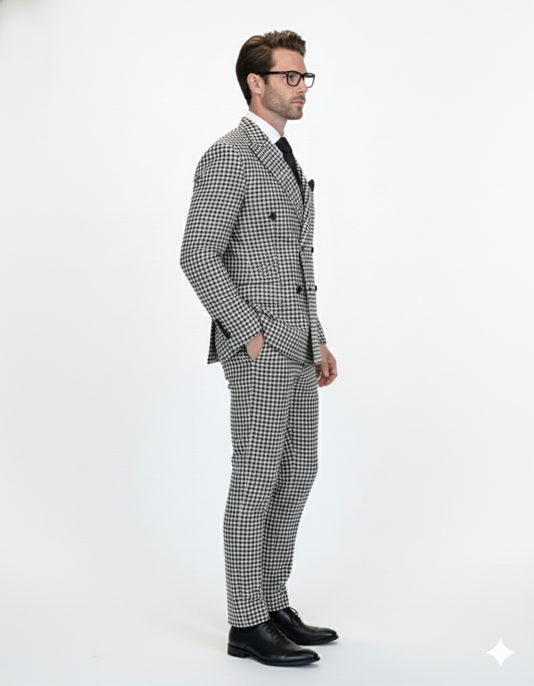Double Breasted Suits - Vested Suits Wool Fabric  - Black Houndstooth Suit