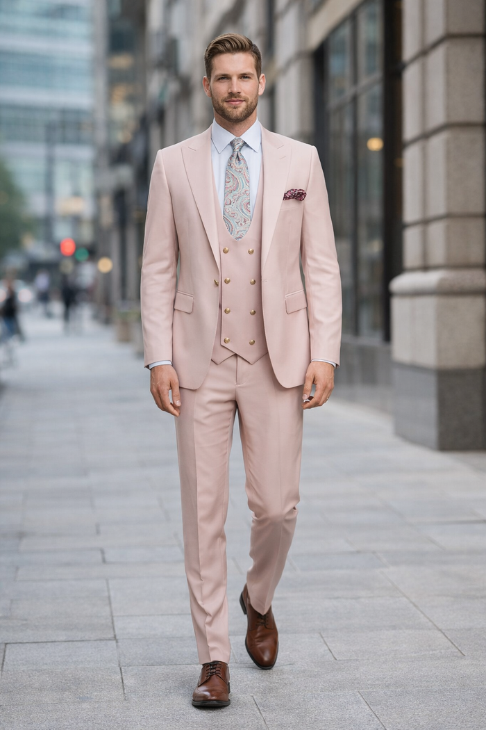 Blush Pink 3-Piece Suit with Double-Breasted Vest by Rossiman