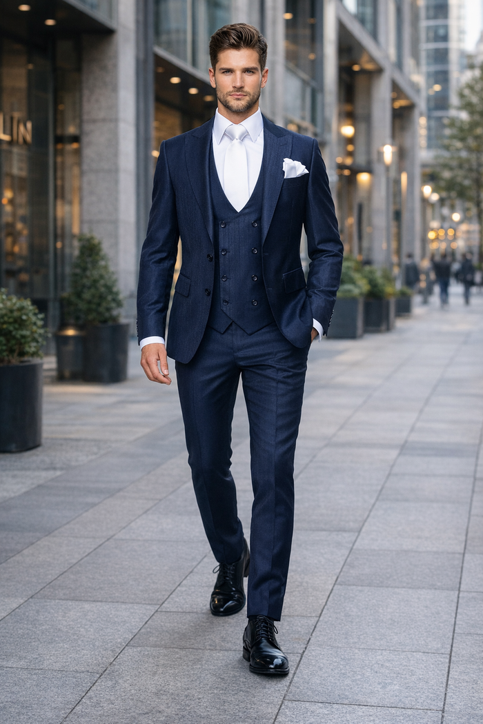 Midnight Navy Textured 3-Piece Luxury Gala Suit with White Accents by Rossiman