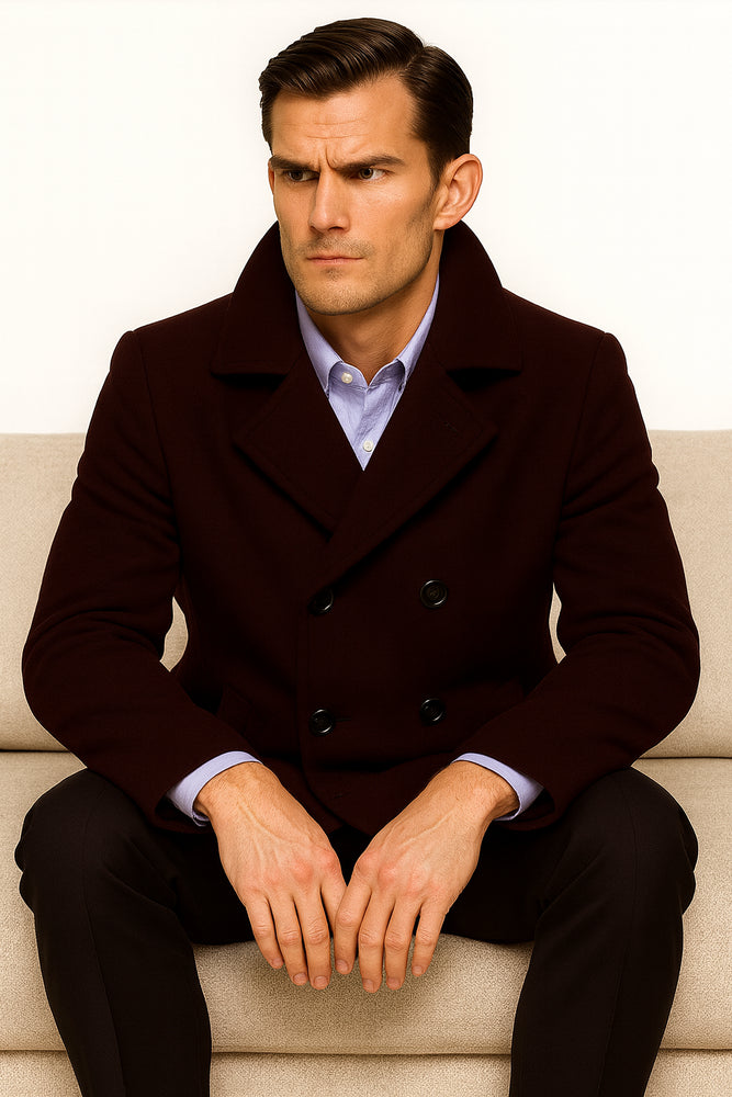 Men's Dark Brown Wool Fabric Big and Tall Men's Peacoat