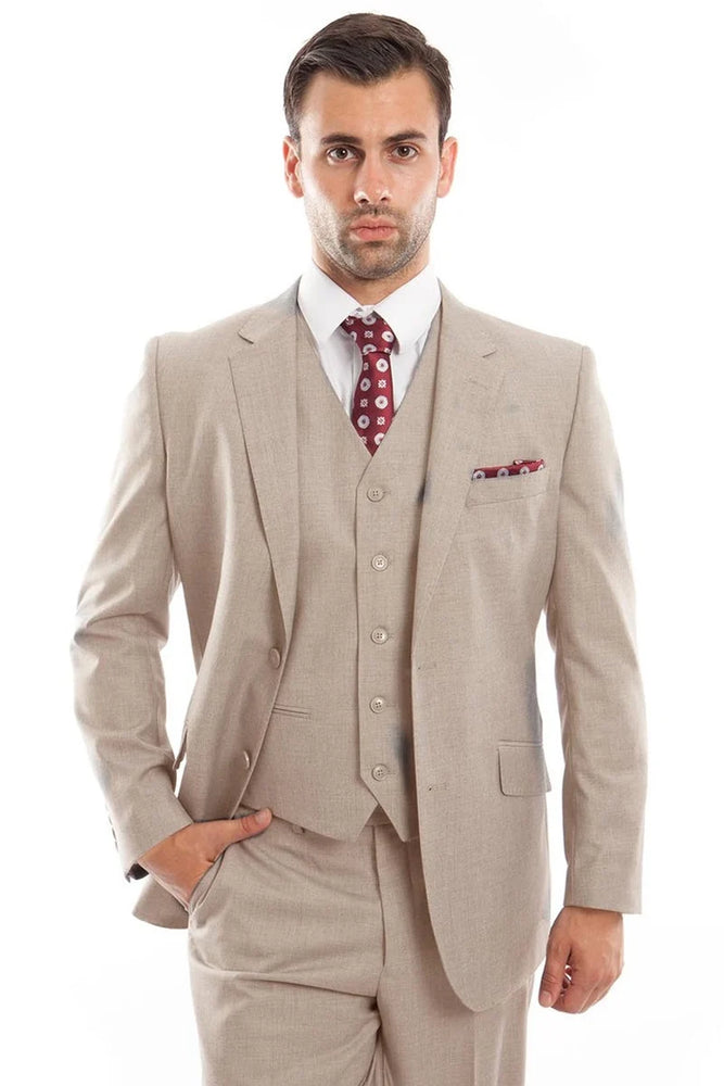 Zegarie Suits - Men's Designer Two Button Modern Fit Vested Wool Suit in Tan