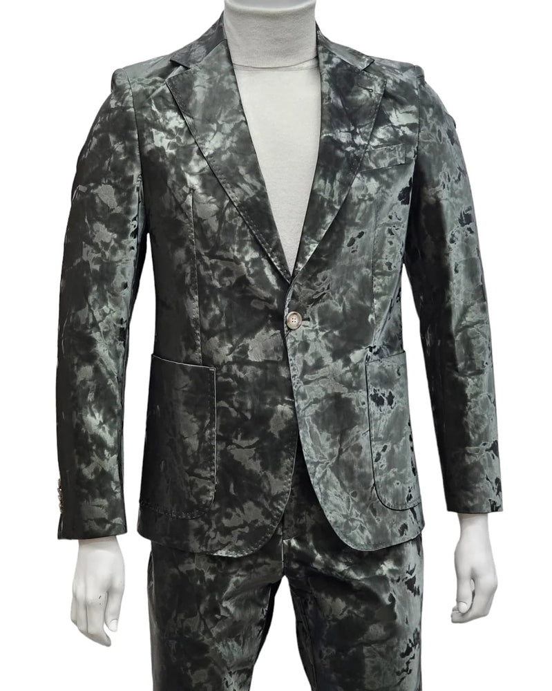 Mens 1 Button Slim Fit Faux Leather with Patch Pockets Green Suit