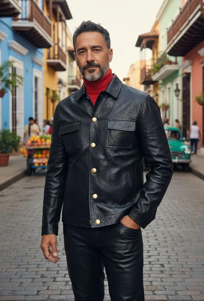 Mens Five Button Slim Fit Leather Suit Black