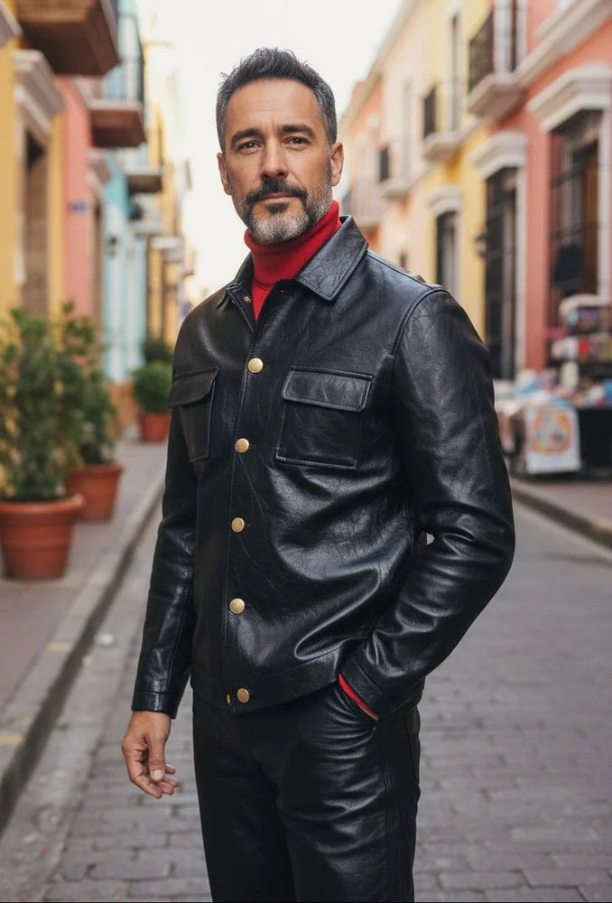 Mens Five Button Slim Fit Leather Suit Black