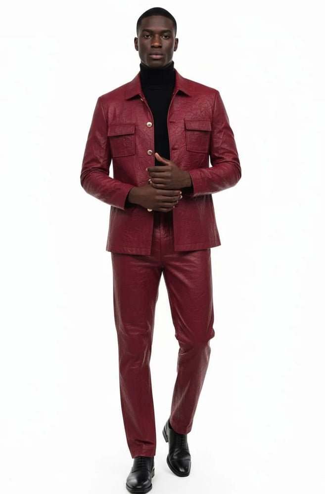 Two Piece Slim Fit Faux Leather Casual Suit Burgundy