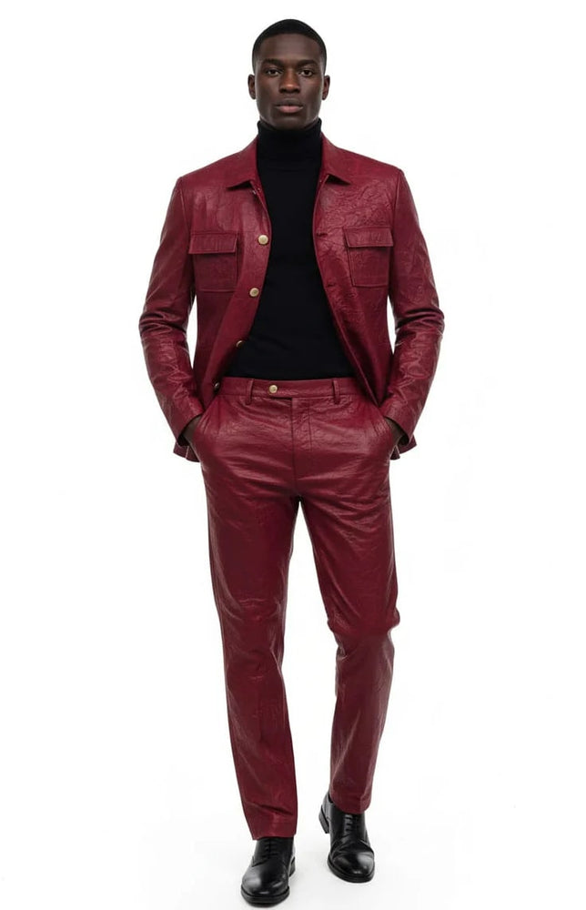 Two Piece Slim Fit Faux Leather Casual Suit Burgundy