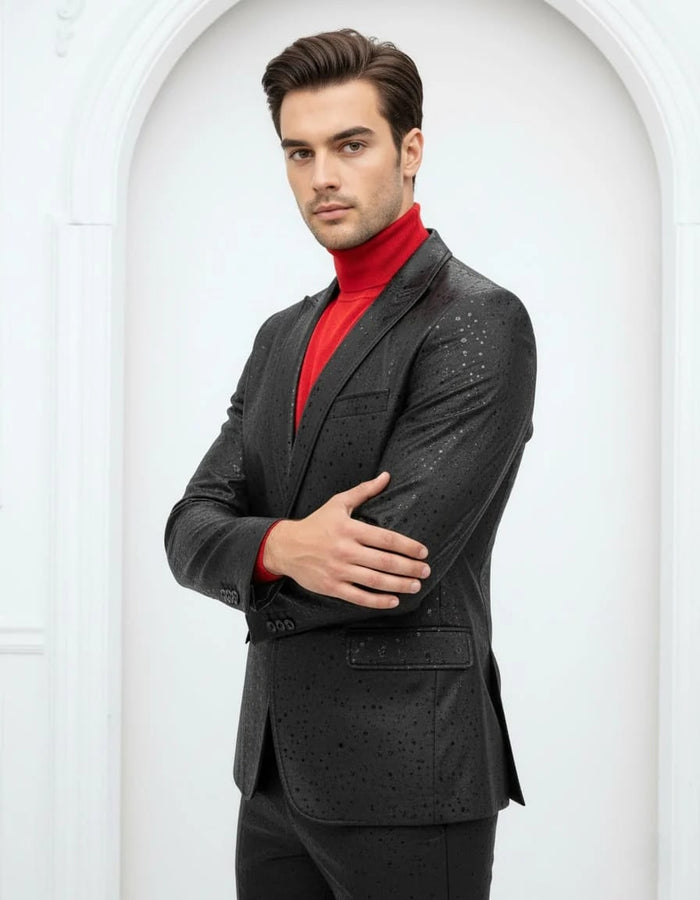 Mens One Button Peak Lapel Suit Black-Rain