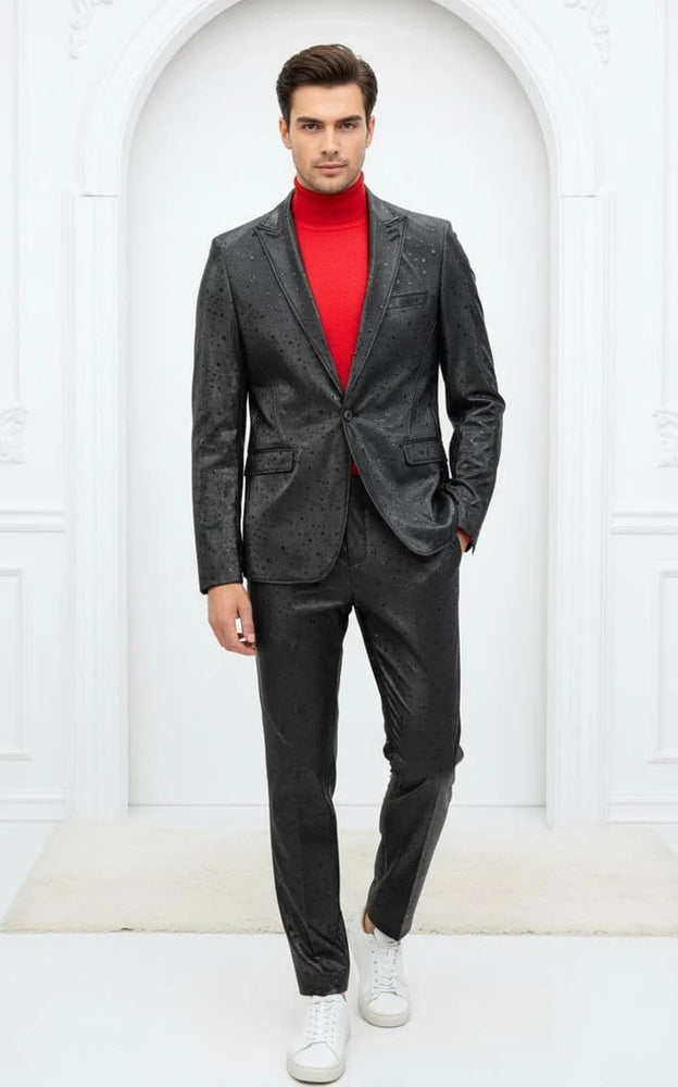 Mens One Button Peak Lapel Suit Black-Rain