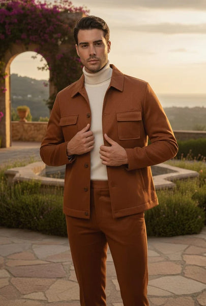 Mens Two Piece Slim Fit Faux Leather Casual Suit Brown