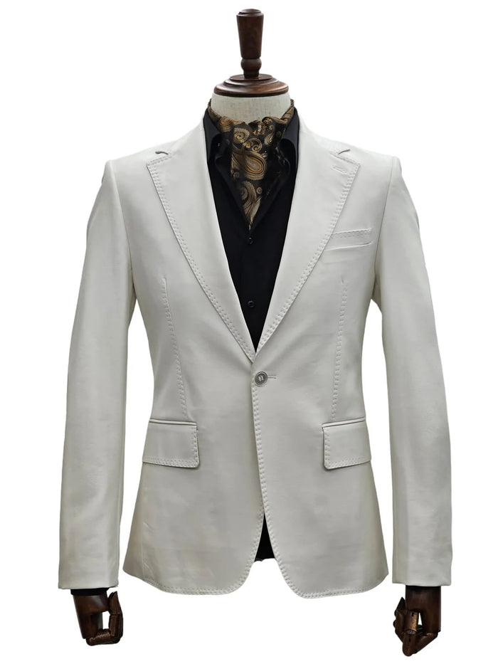 Mens 1 Button Slim Fit Leather Suit Off White Cream