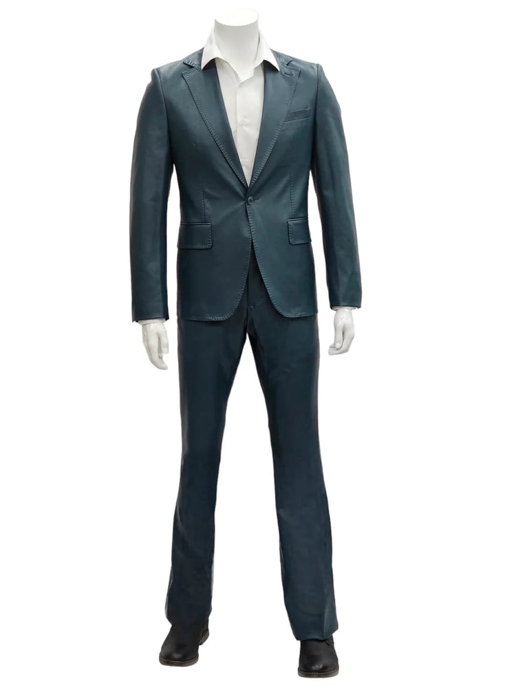 Mens 1 Button Slim Fit Leather Suit Blue