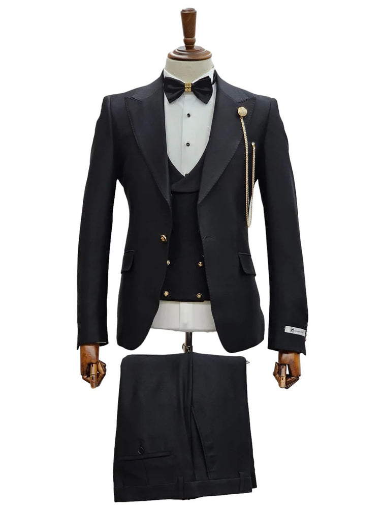 Mens Giovanni Testi Black Slim Fit 3 Piece Suit –1 Button Peak Lapel, Double Breasted Vest, Modern Center Vent