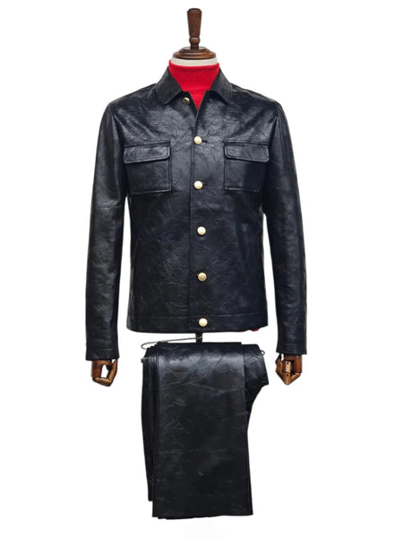 Mens Five Button Slim Fit Leather Suit Black
