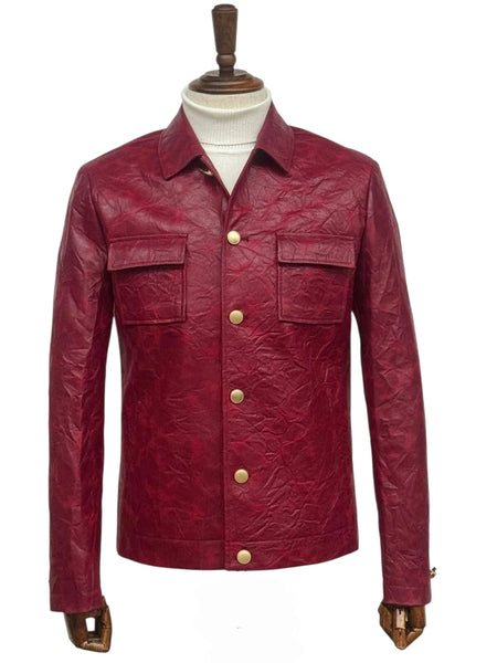 Two Piece Slim Fit Faux Leather Casual Suit Burgundy