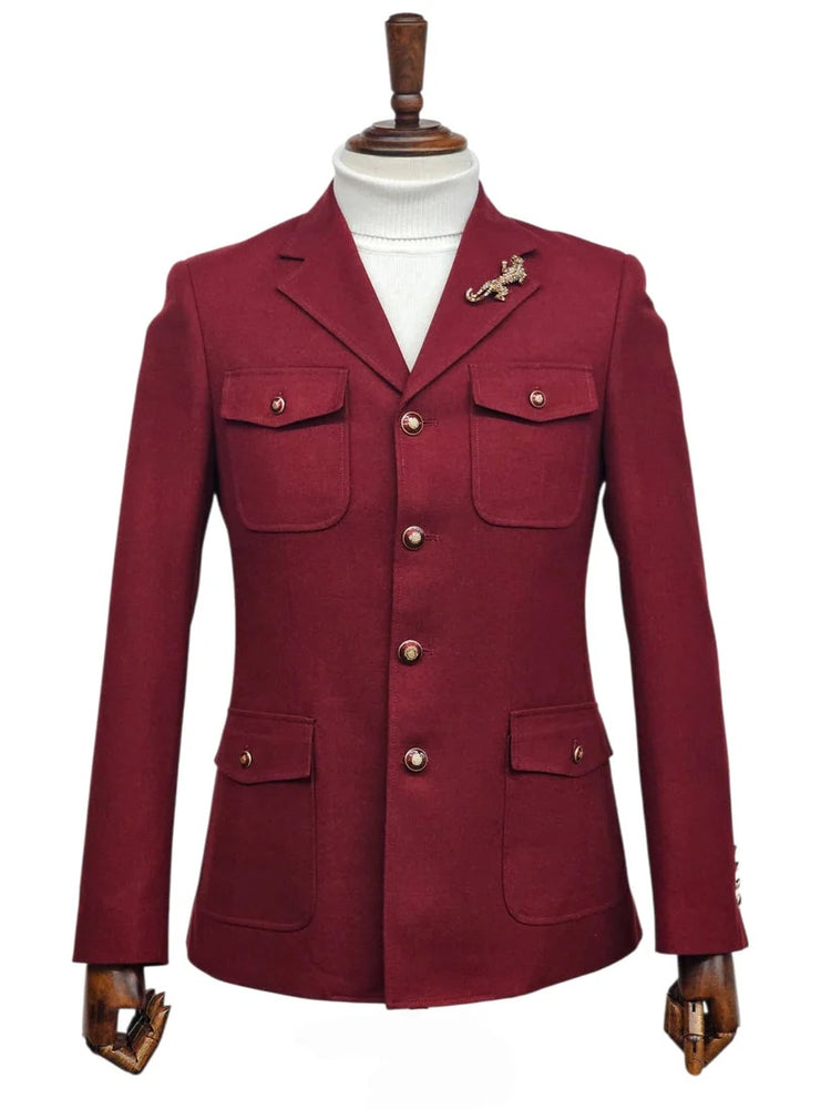 Mens Giovanni Testi 2 Piece Burgundy Suit – Slim Fit 4 Button Blazer with Notch Lapel & Flap Pockets