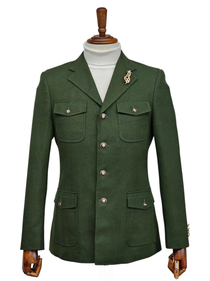 Mens Giovanni Testi Slim Fit Green Suit – 2 Piece 4 Button Formal Suit with Notch Lapel