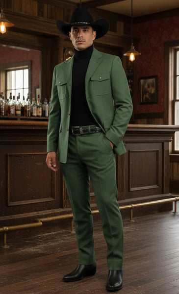 Mens Giovanni Testi Slim Fit Green Suit – 2 Piece 4 Button Formal Suit with Notch Lapel