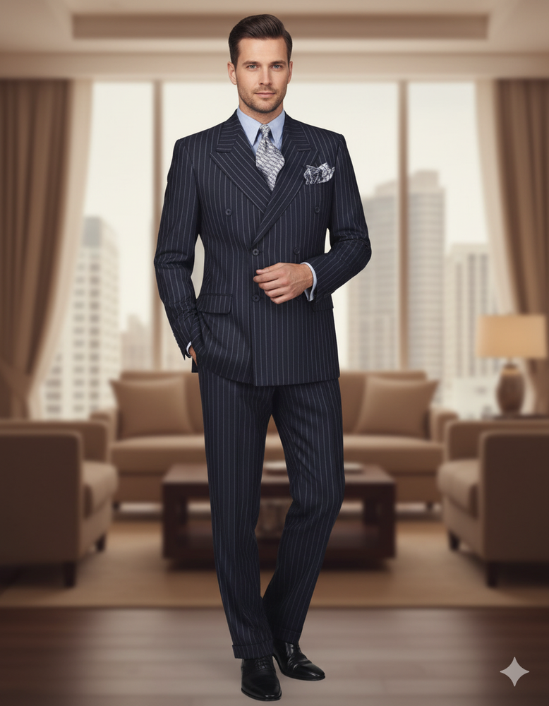 High Quality Dark Navy Blue Suit For Men & Chalk Bold White Pinstripe Double Breasted Suit 100% poly-ray