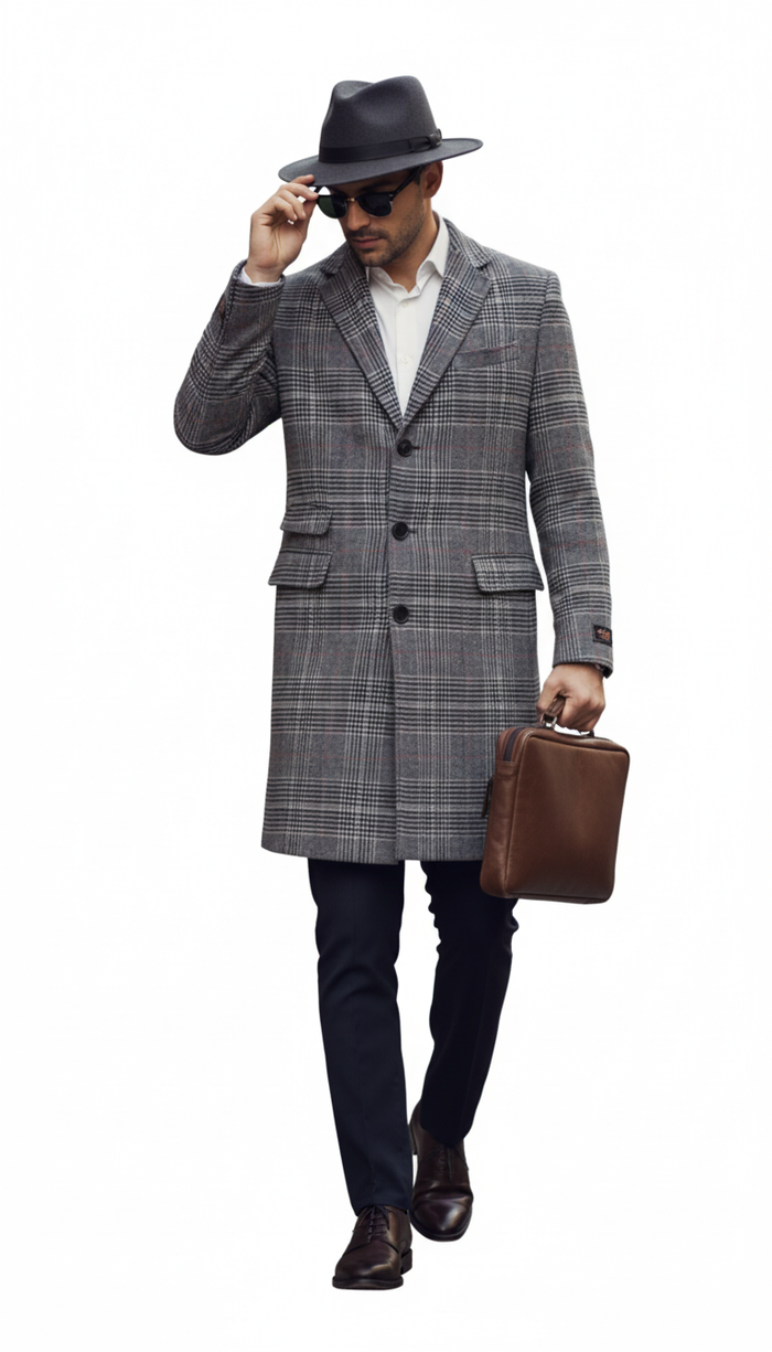 Mens Plaid Overcoat - Checkered Carcoat - 100% Wool Three Quarter Peacoat