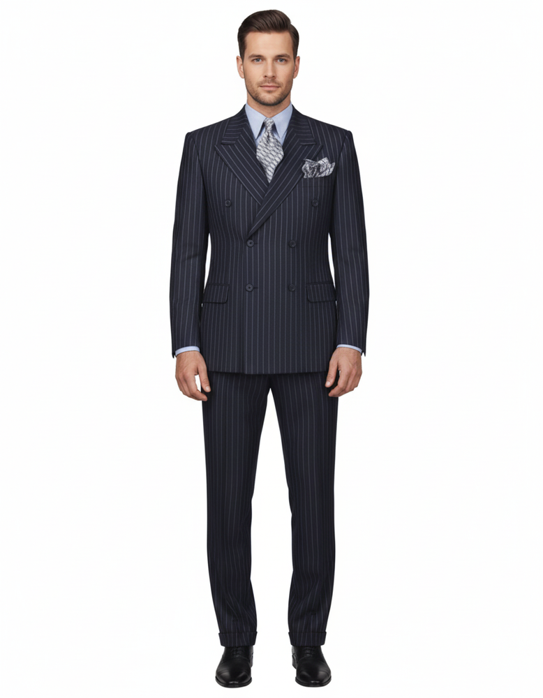 High Quality Dark Navy Blue Suit For Men & Chalk Bold White Pinstripe Double Breasted Suit 100% poly-ray