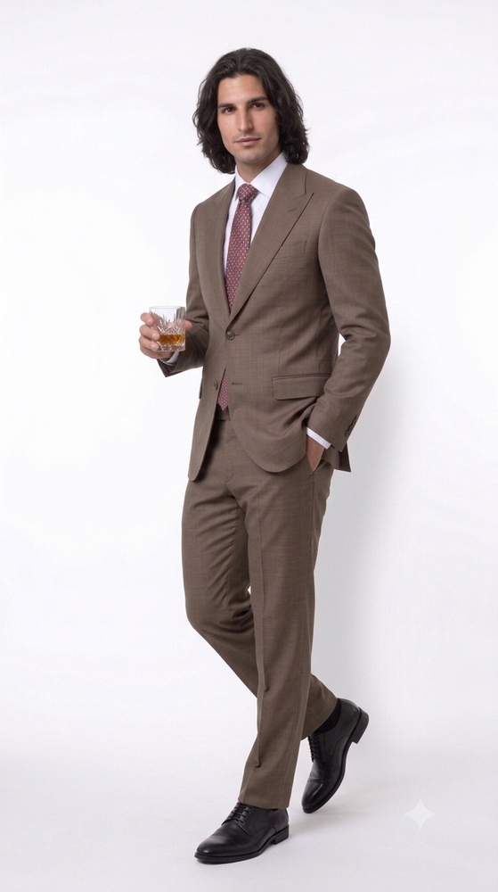 Statement Men's 2 Piece 100% Super 200 Wool Modern Fit Suit - Pic Stitching Peak Lapel Two Buttons in Color Taupe