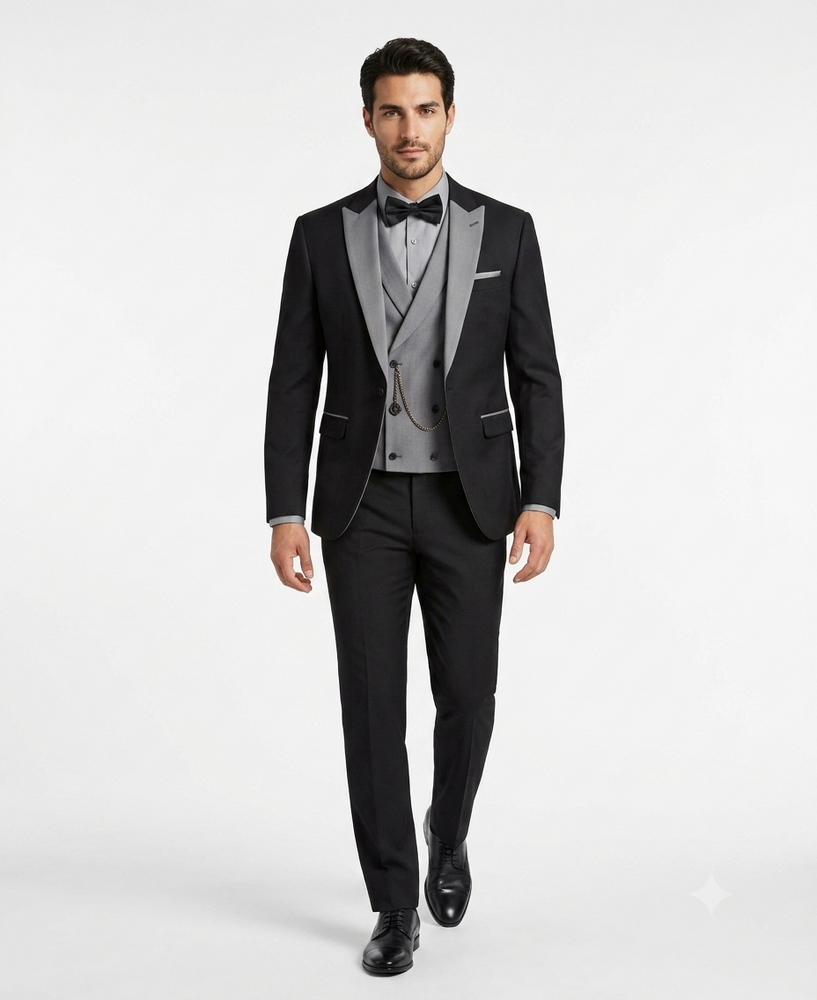 Men’s Black And White Lapel 3 Piece Tuxedo Suit with Silver Gray Satin Lapel | Formal Wedding Prom Suit Set