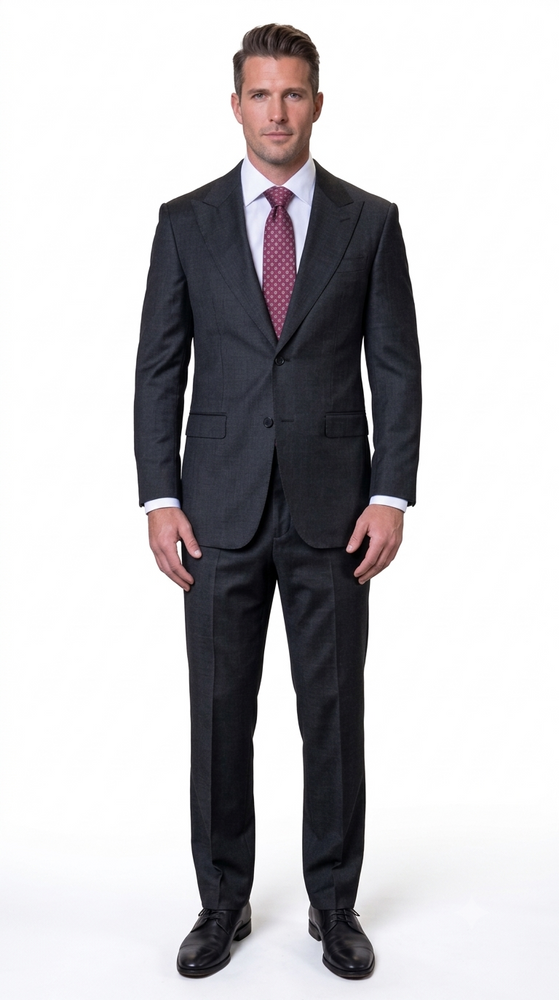 Statement Men's 2 Piece 100% Super 200 Wool Modern Fit Suit - Pic Stitching Peak Lapel Two Buttons in Color Black