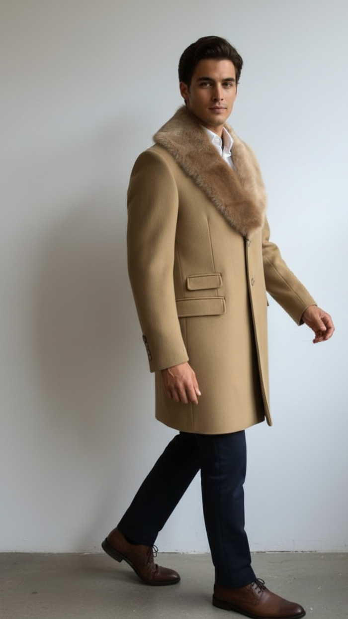 Men's Camel Three Button Full Length Overcoat Men's Carcoat - Car Coat Mid Length Three quarter length coat