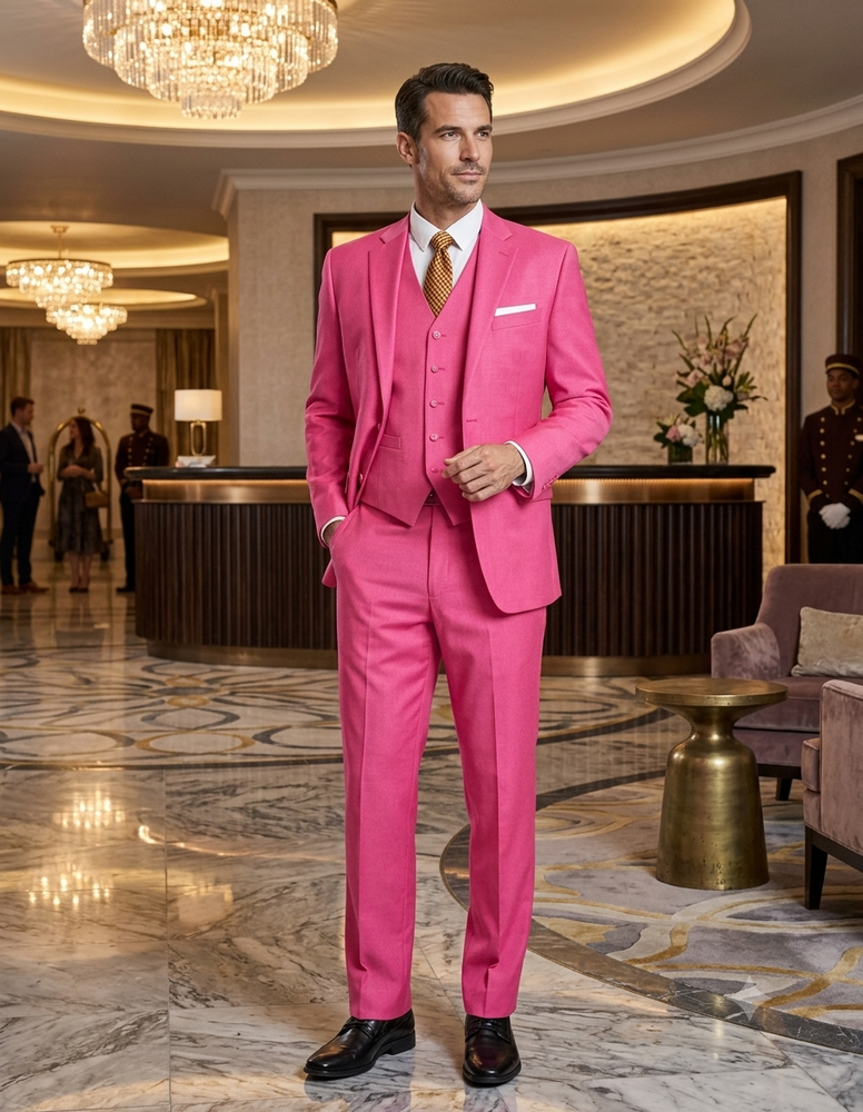 Men's 2 Button 3 Piece Vested Modern Fit Suits Flat Front Pants Suit in Fuschia