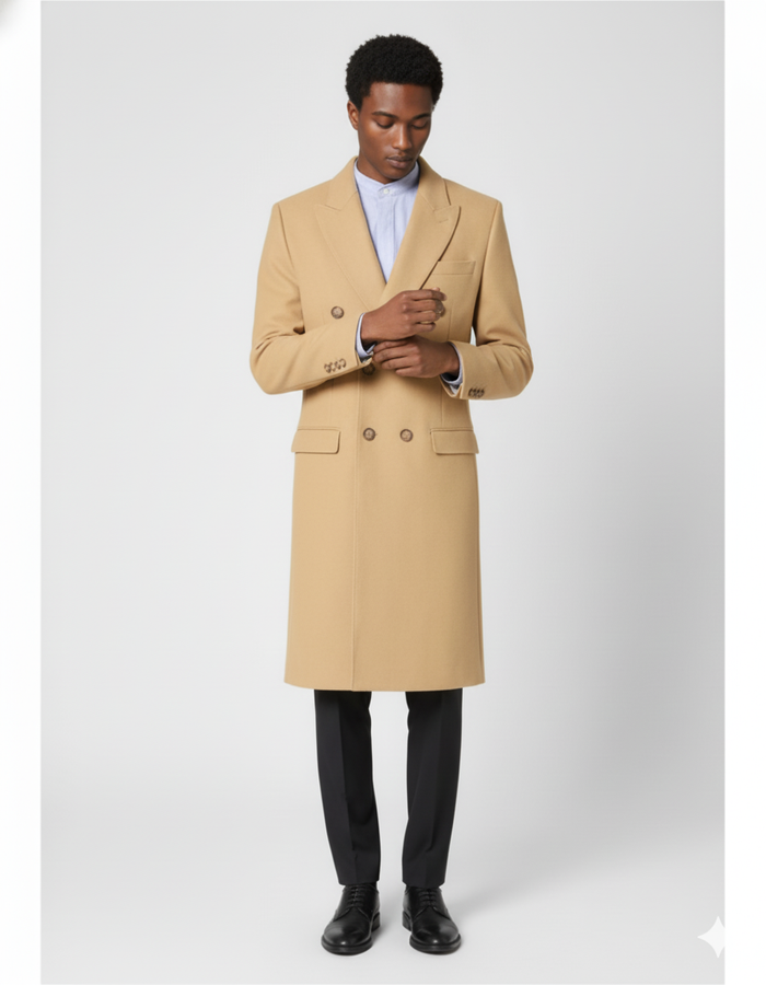 Men's Dress Coat Wool Blend Double Breasted Camel Back Vent Peak Lapel Overcoat Bronze Color Alberto Nardoni Collection