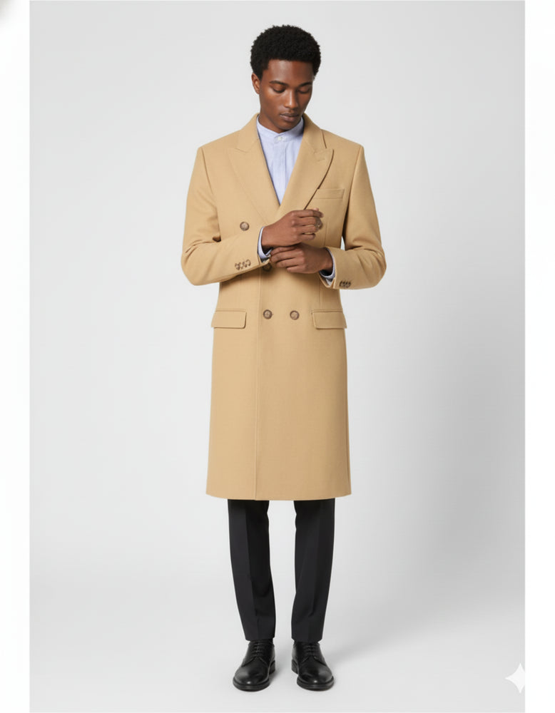 Men's Dress Coat Wool Blend Double Breasted Camel Back Vent Peak Lapel Overcoat Bronze Color Alberto Nardoni Collection