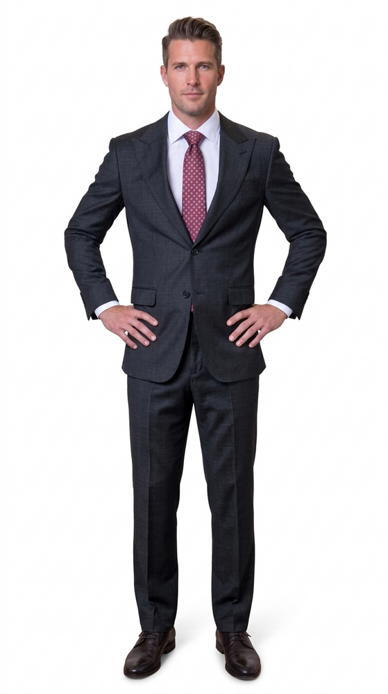 Statement Men's 2 Piece 100% Super 200 Wool Modern Fit Suit - Pic Stitching Peak Lapel Two Buttons in Color Black