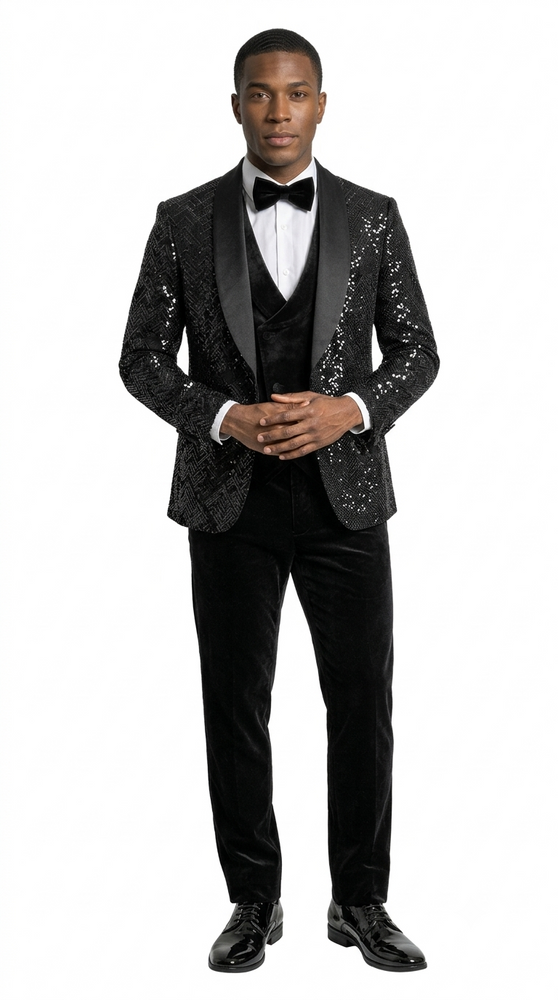 Black Velvet Patterned Shawl Lapel Tuxedo Set – Wedding & Prom