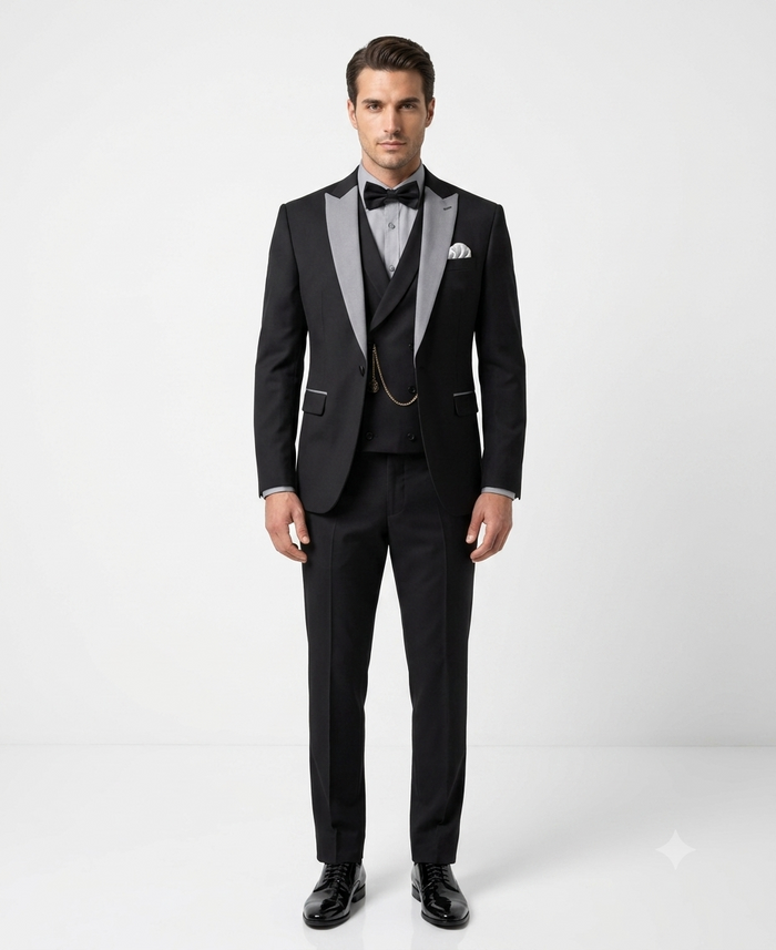 Men’s Black And White Lapel 3 Piece Tuxedo Suit with Silver Gray Satin Lapel | Formal Wedding Prom Suit Set