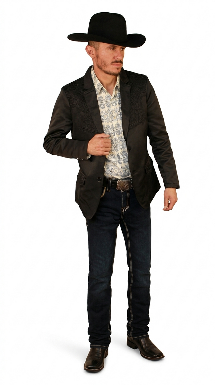 Mens Cowboy Blazer - Western Jacket in Color "Black with Wine Embroidery" Ultra Slim Fitted (Buy 1 Size UP)