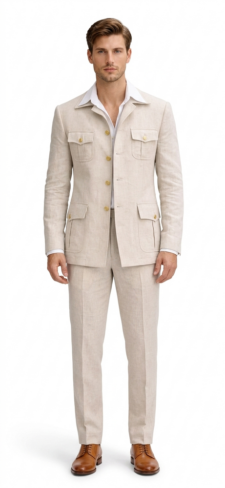 Mens Tan Beige Safari Military Walking Suit Set – Casual Two Piece Outfit Lightweight Summer Blazer and Pants Set Classic Casual Wear