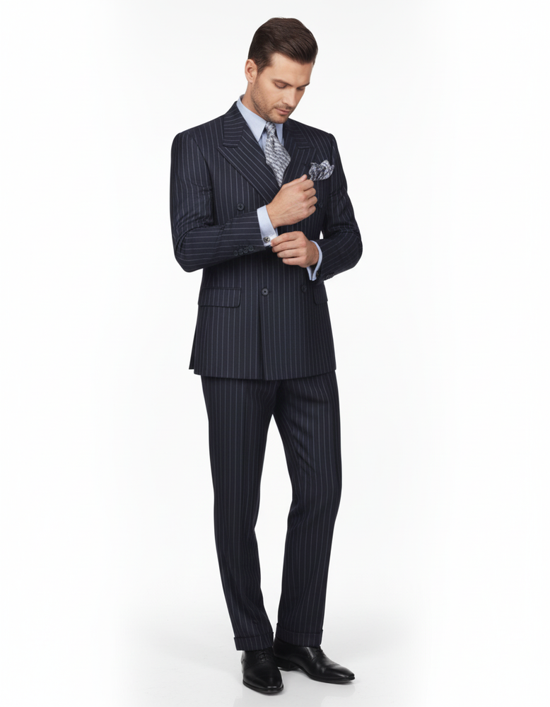 High Quality Dark Navy Blue Suit For Men & Chalk Bold White Pinstripe Double Breasted Suit 100% poly-ray
