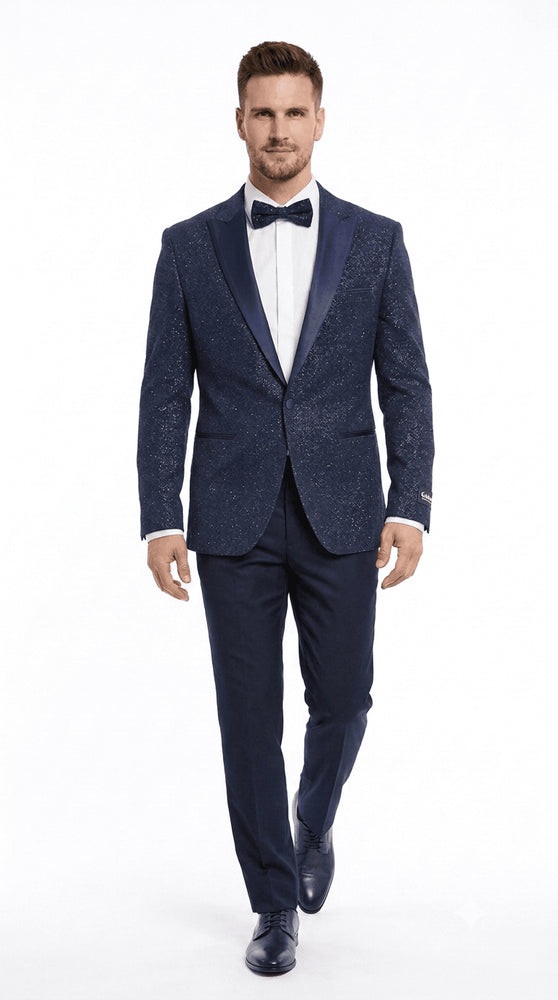 Mens Navy Blue Tuxedo Sparkly Shiny Dinner Jacket + Pants