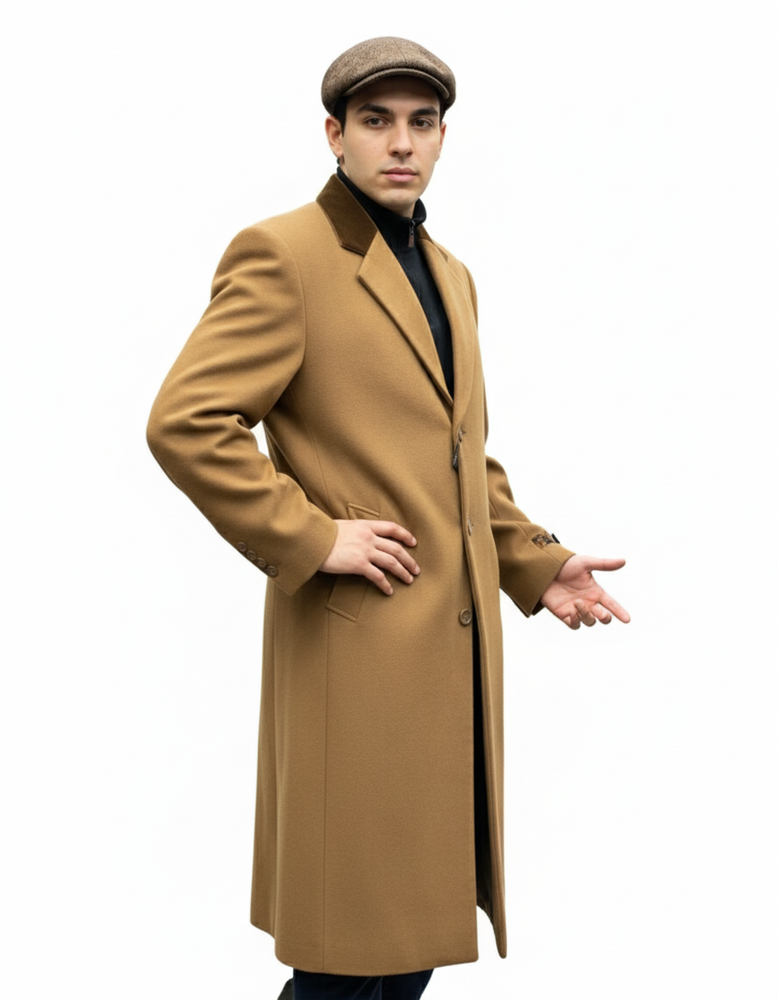 Chesterfield Camel Overcoat With Brown Velvet Collar - Cashmere Blend Topcoat - Full Length Overcoat