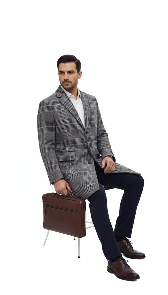 Mens Plaid Overcoat - Checkered Carcoat - 100% Wool Three Quarter Peacoat