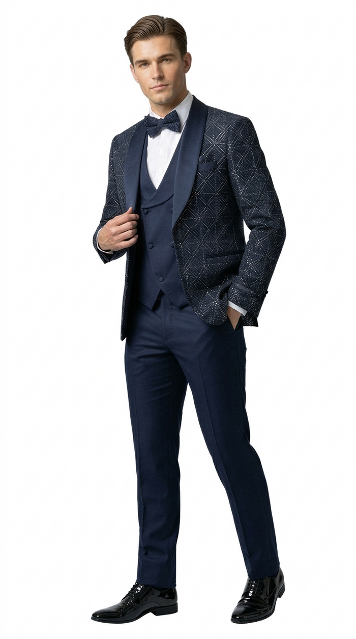 Navy Blue Velvet Patterned Shawl Lapel Tuxedo Set – Wedding & Prom