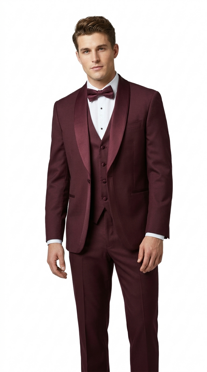 Burgundy Double Shawl Lapel Tuxedo with Satin Trim – Wedding & Prom