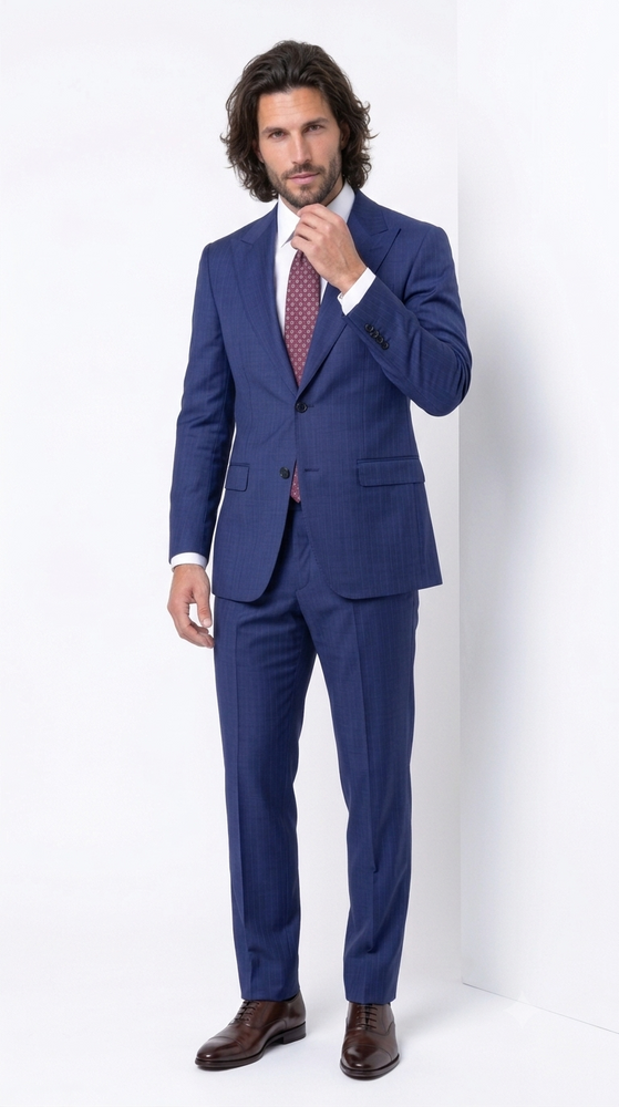 Statement Men's 2 Piece 100% Super 200 Wool Modern Fit Suit - Pic Stitching Peak Lapel Two Buttons in Color Navy