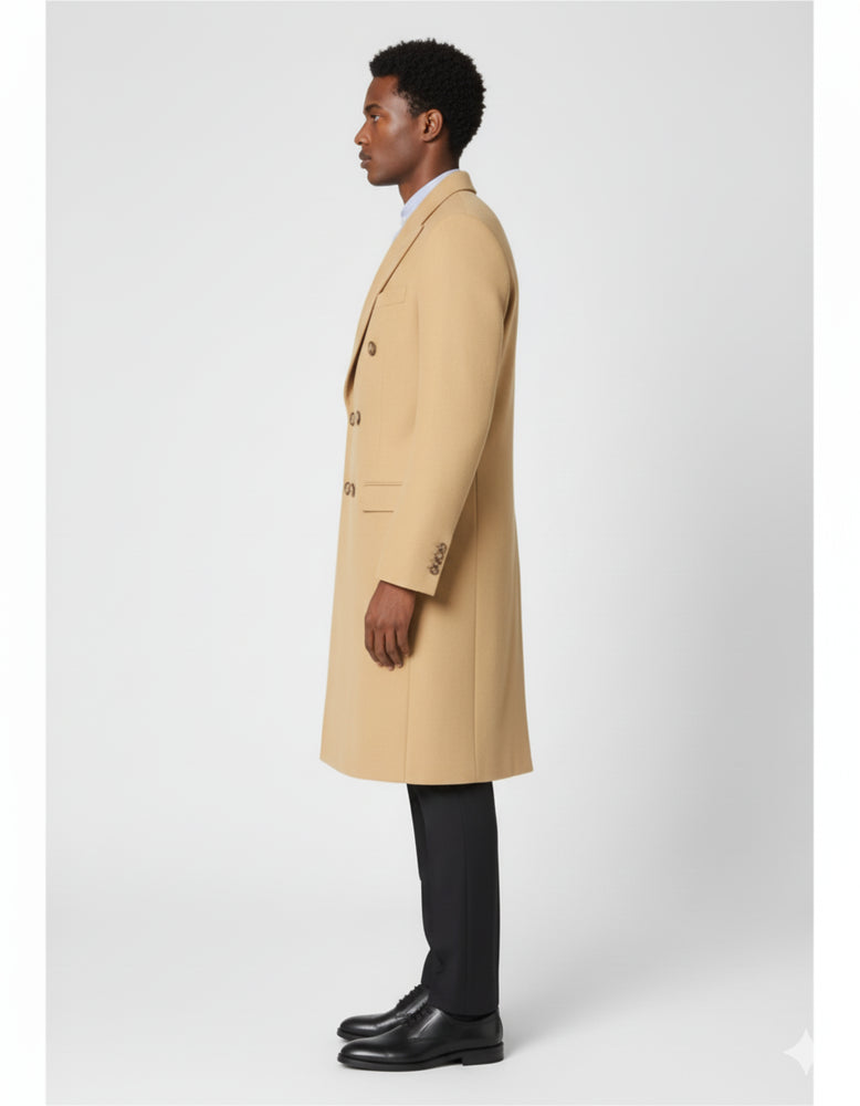 Men's Dress Coat Wool Blend Double Breasted Camel Back Vent Peak Lapel Overcoat Bronze Color Alberto Nardoni Collection