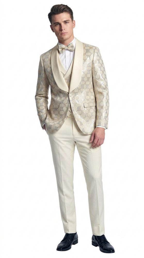 Ivory Shiny Patterned Shawl Lapel Tuxedo Set – Wedding & Prom
