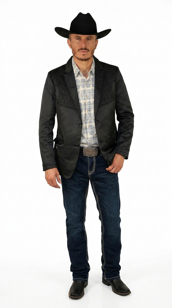 Mens Cowboy Blazer - Western Jacket in Color "Black with Wine Embroidery" Ultra Slim Fitted (Buy 1 Size UP)