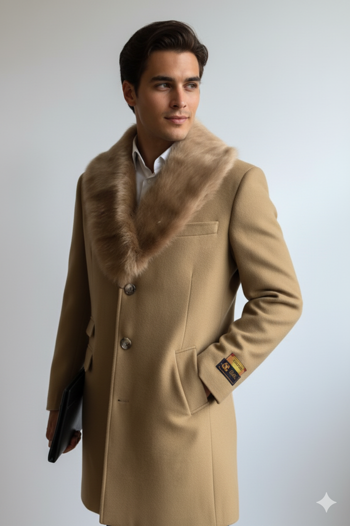 Men's Camel Three Button Full Length Overcoat Men's Carcoat - Car Coat Mid Length Three quarter length coat