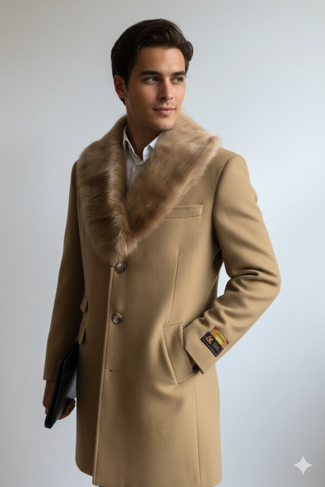 Men's Camel Three Button Full Length Overcoat Men's Carcoat - Car Coat Mid Length Three quarter length coat