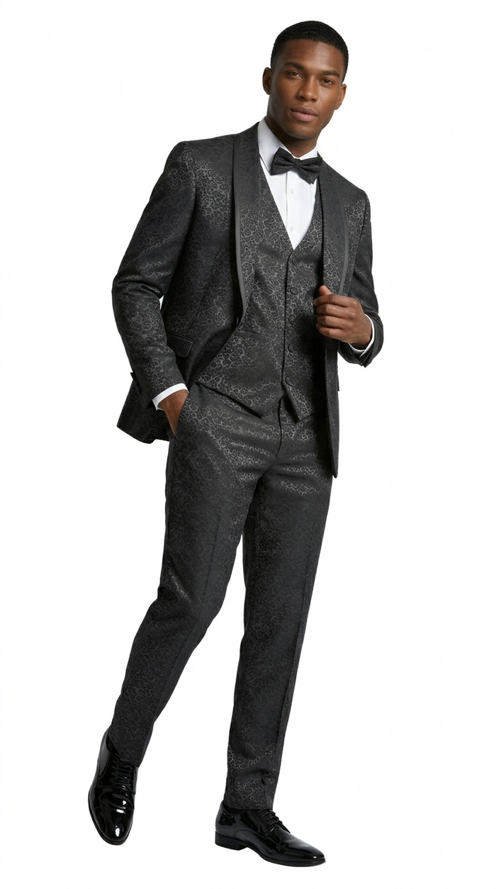 Black Floral Shawl Lapel Tuxedo Set with Satin Trim – Wedding & Prom