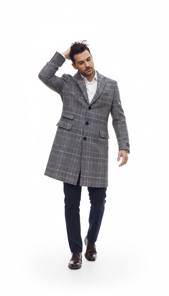 Mens Plaid Overcoat - Checkered Carcoat - 100% Wool Three Quarter Peacoat